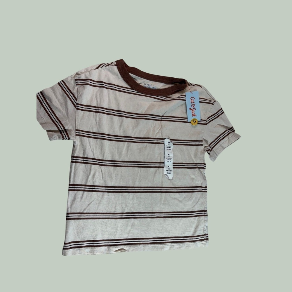 NWT Cat & Jack Boys Striped Ringer T-Shirt Off-White Brown Relaxed Fit Size M 8